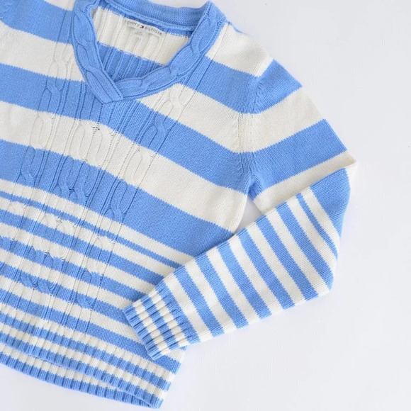 Vintage 90's Y2K Tommy Hilfiger Blue & White Stripe V-Neck Long Sleeve Sweater - Picture 6 of 12